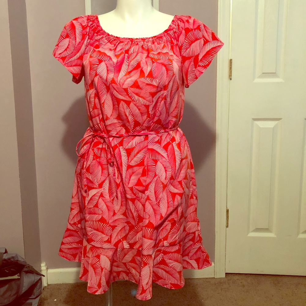 Off the shoulder red palm print midi dress